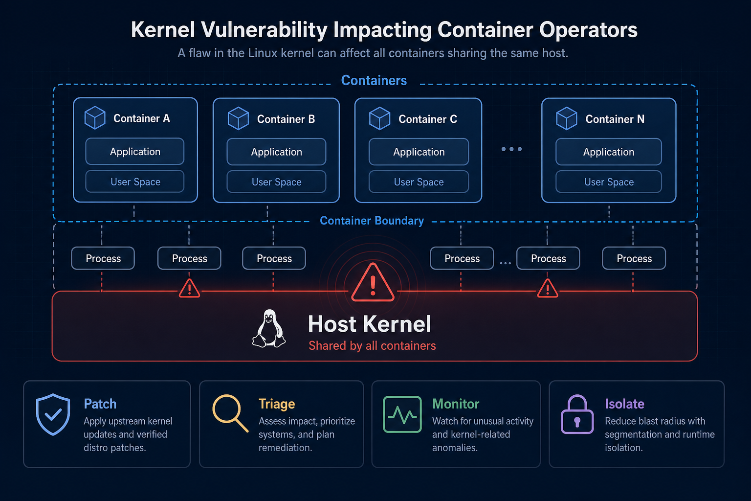 Conceptual diagram of a kernel vulnerability, process, container boundary, and patch checkpoints.