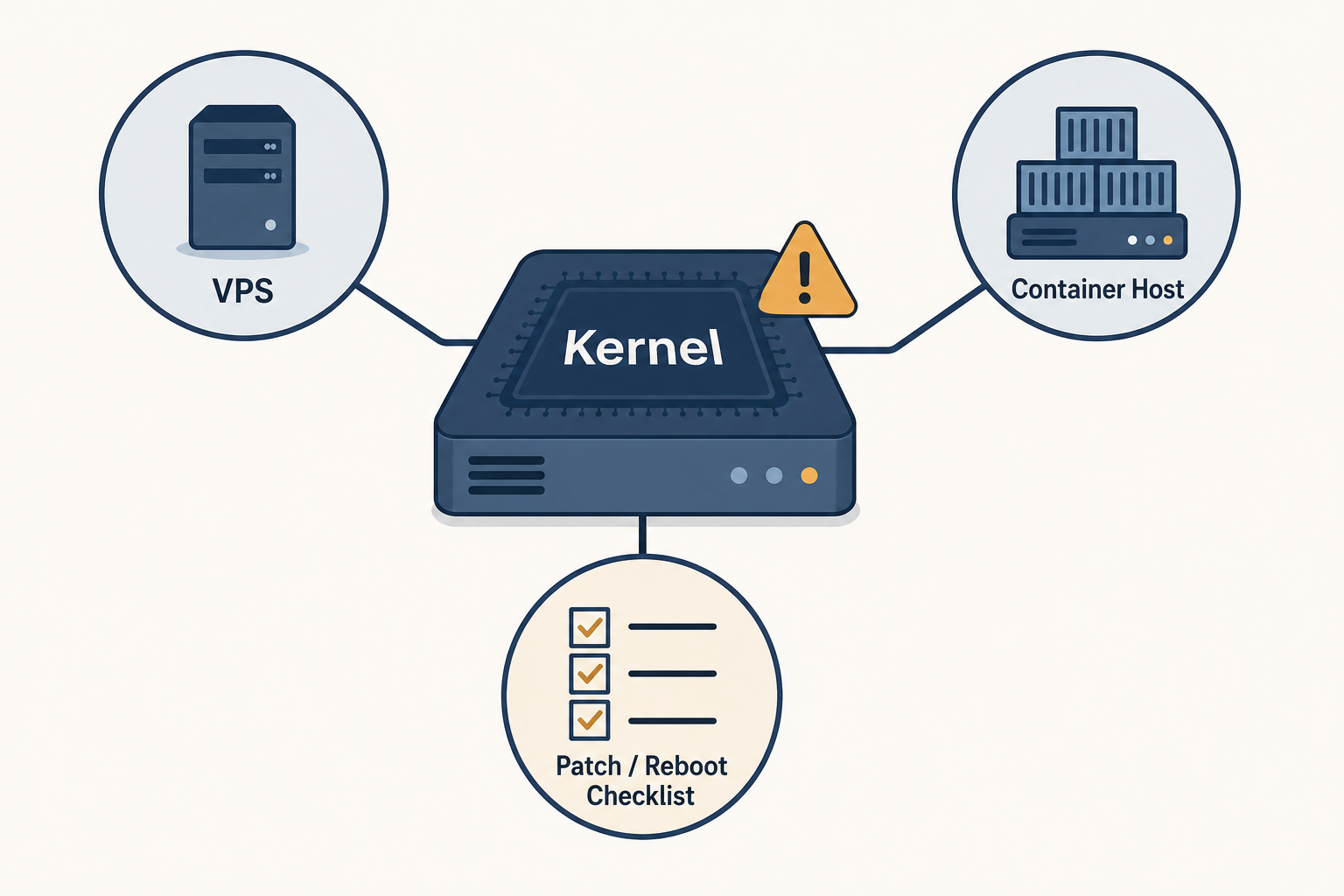 Editorial diagram of a Linux kernel connected to a VPS, container host, and patch reboot checklist.