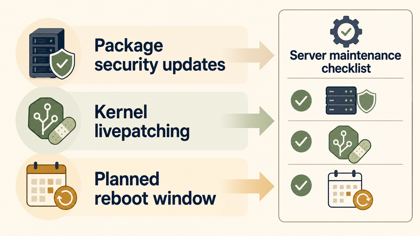 Three-lane server patching diagram for package updates, kernel livepatching, and planned reboots.